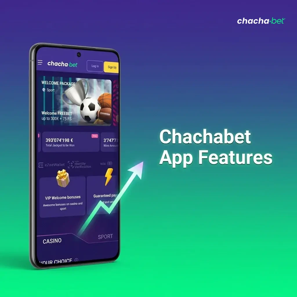 Chachabet app features including live betting, casino games, deposits, withdrawals, profile settings, and notifications
