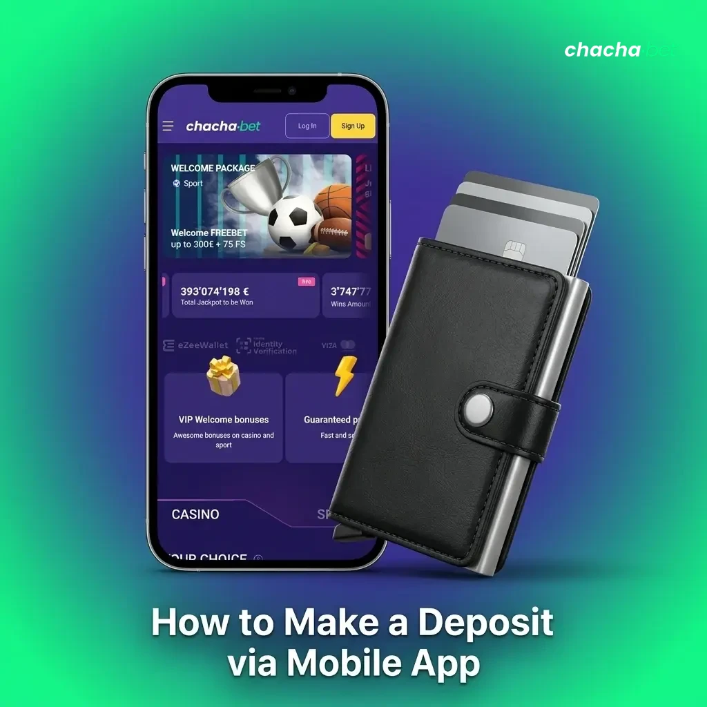 Chachabet mobile app deposit process showing iDEAL and Visa payment options with a minimum of €10 required