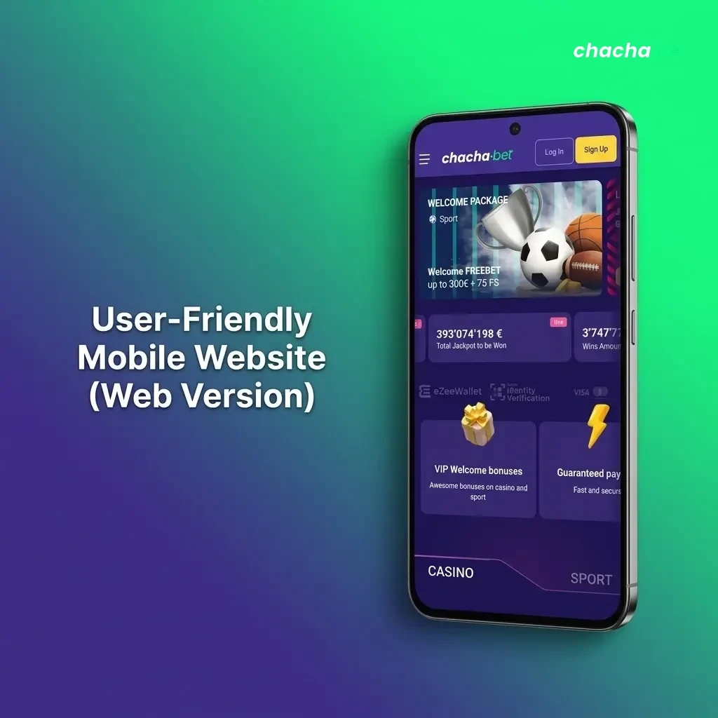 Chachabet mobile website on smartphone browser showing full casino access with no download required