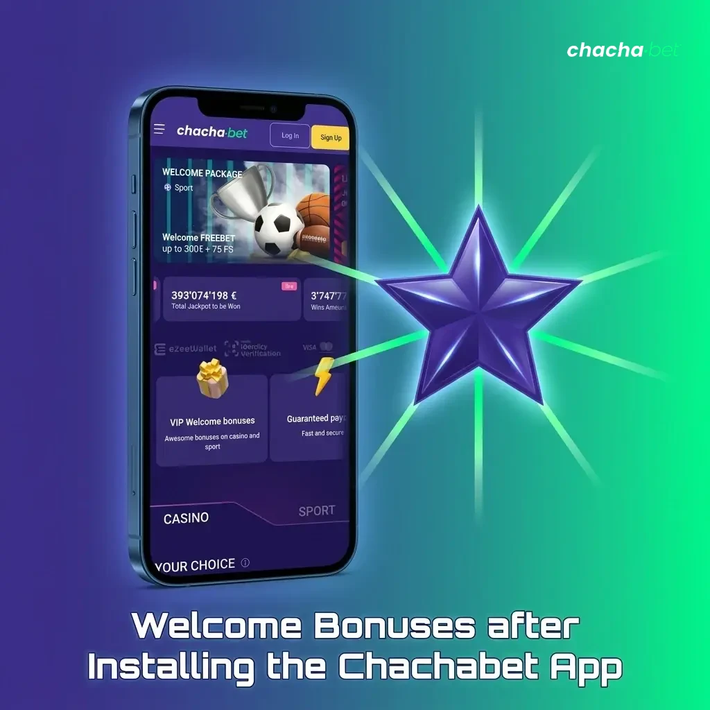 Chachabet app welcome bonuses including up to €10,000 casino match, 800 free spins, and sports betting offer